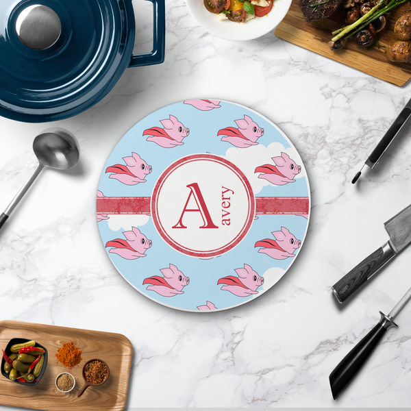 Flying Pigs Round Stone Trivet - In Context View