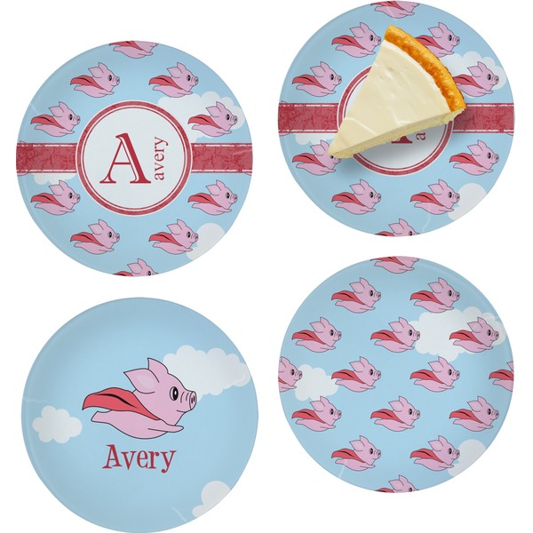 Custom Flying Pigs Set of 4 Glass Appetizer / Dessert Plate 8" (Personalized)