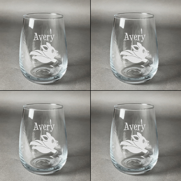 Flying Pigs Set of Four Personalized Stemless Wineglasses (Approval)