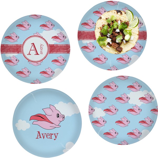 Custom Flying Pigs Set of 4 Glass Lunch / Dinner Plate 10" (Personalized)
