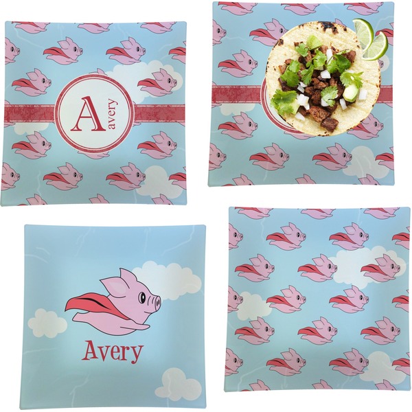 Custom Flying Pigs Set of 4 Glass Square Lunch / Dinner Plate 9.5" (Personalized)