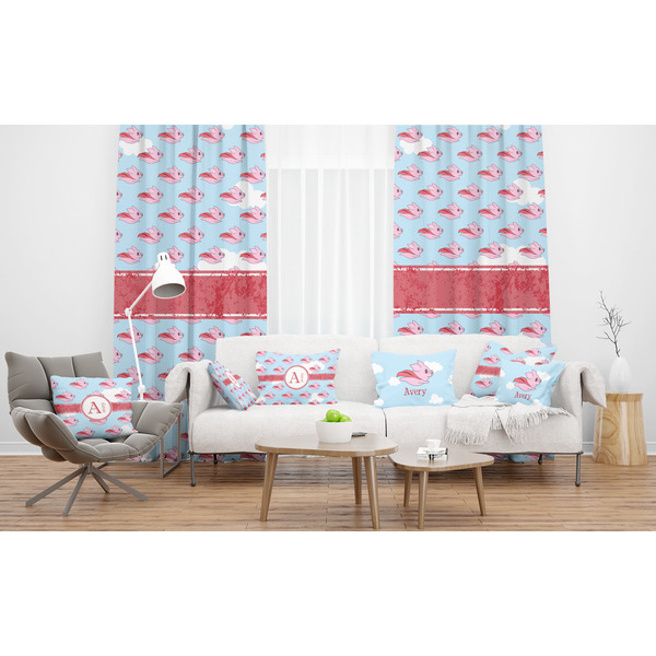 Flying Pigs Sheer and Custom Curtains in Room with Matching Pillows