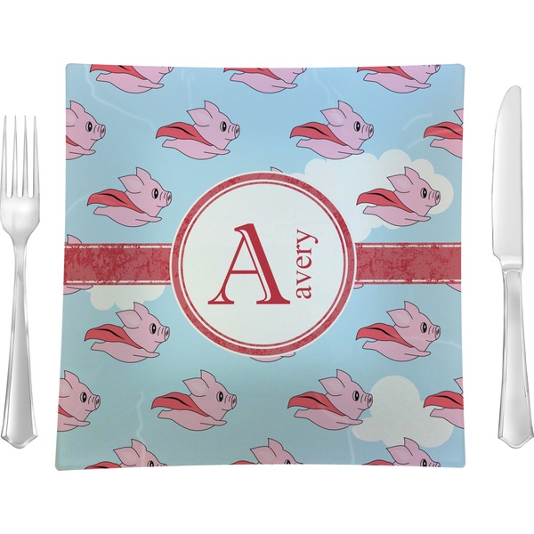 Custom Flying Pigs 9.5" Glass Square Lunch / Dinner Plate- Single or Set of 4 (Personalized)