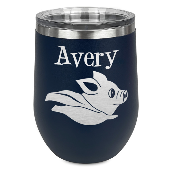 Custom Flying Pigs Stemless Stainless Steel Wine Tumbler - Navy - Single Sided (Personalized)