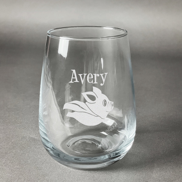 Custom Flying Pigs Stemless Wine Glass - Engraved (Personalized)