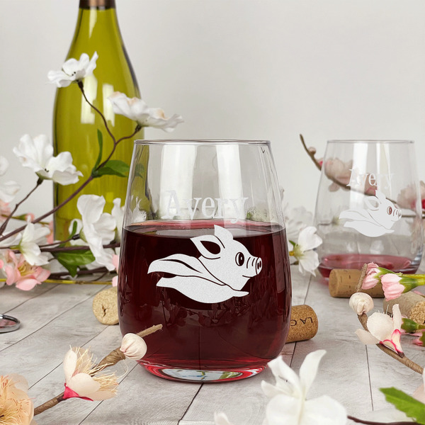 Flying Pigs Stemless Wine Glass - In Context