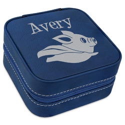 Flying Pigs Travel Jewelry Box - Navy Blue Leather (Personalized)