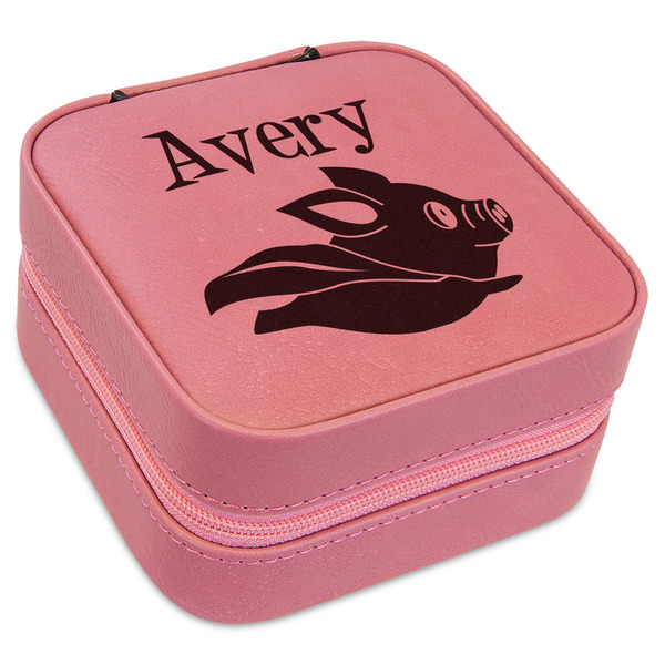 Custom Flying Pigs Travel Jewelry Boxes - Pink Leather (Personalized)