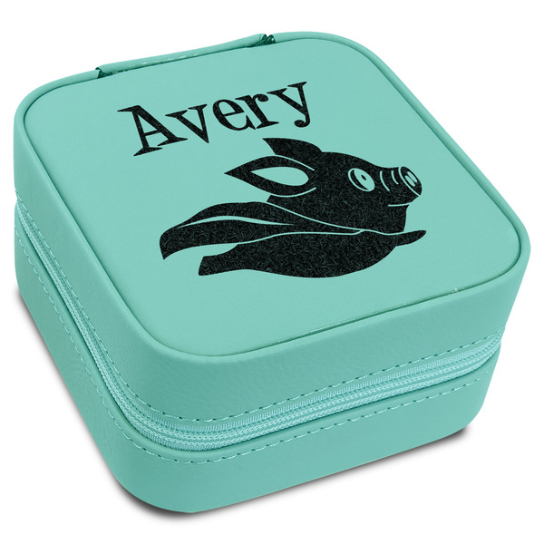 Custom Flying Pigs Travel Jewelry Box - Teal Leather (Personalized)