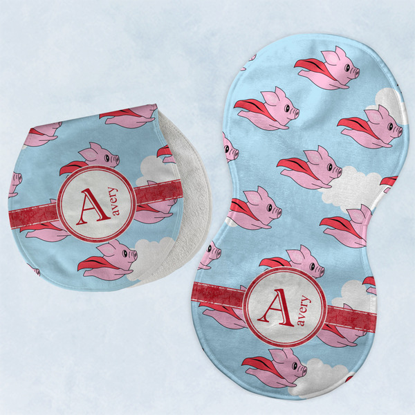 Custom Flying Pigs Burp Pads - Velour - Set of 2 w/ Name and Initial