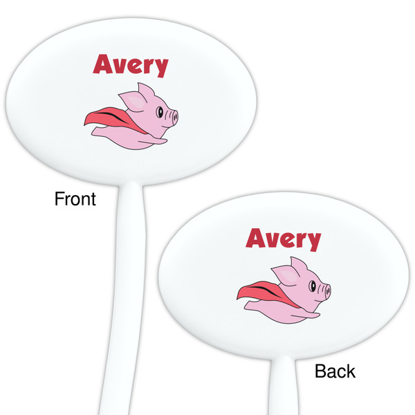 Flying Pigs White Plastic 7" Stir Stick - Double Sided - Oval - Front & Back