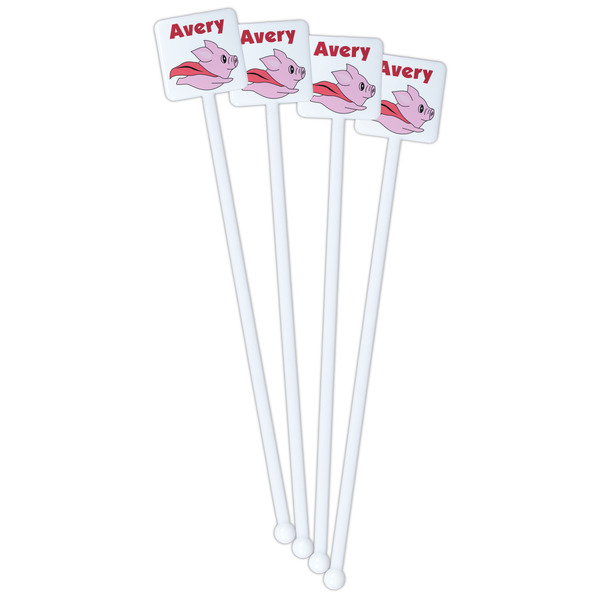 Flying Pigs White Plastic Stir Stick - Single Sided - Square - Front