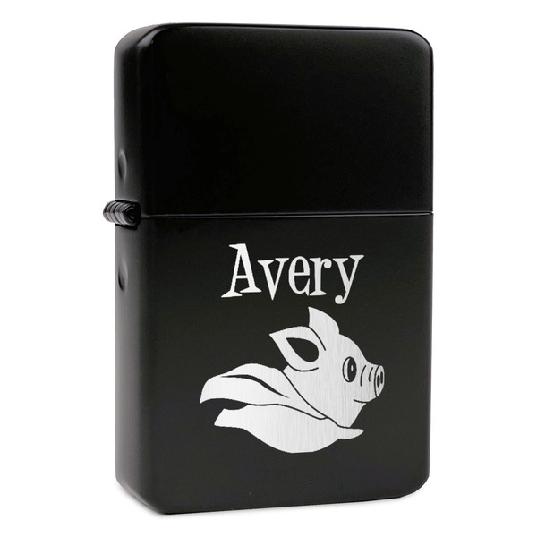 Custom Flying Pigs Windproof Lighter - Black - Single Sided & Lid Engraved (Personalized)