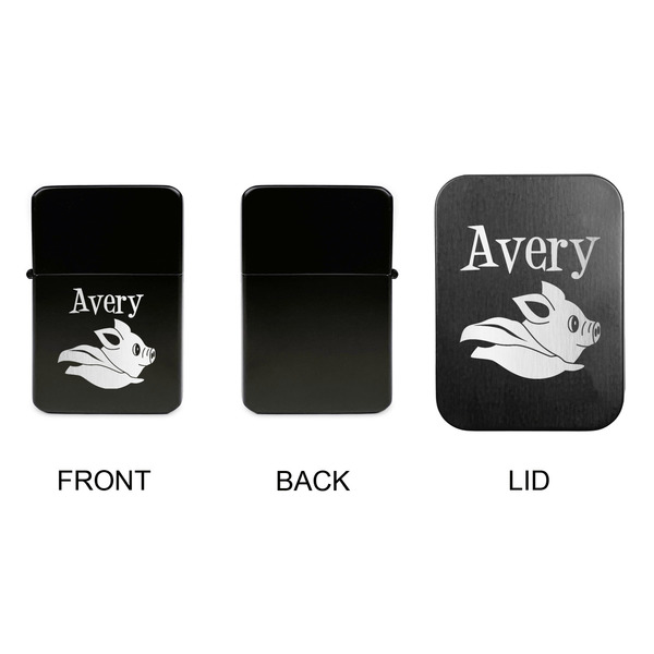 Flying Pigs Windproof Lighters - Black, Single Sided, w Lid - APPROVAL