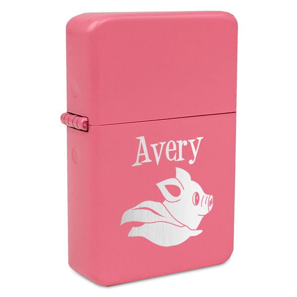 Custom Flying Pigs Windproof Lighter - Pink - Double Sided & Lid Engraved (Personalized)