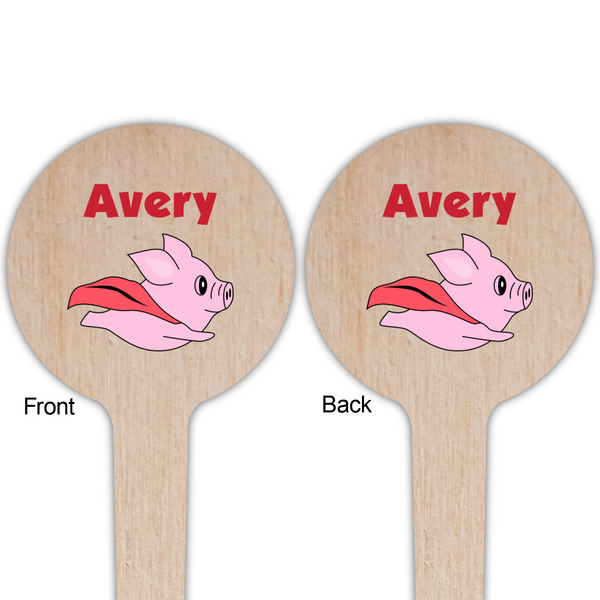 Flying Pigs Wooden 4" Food Pick - Round - Double Sided - Front & Back