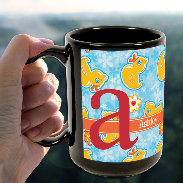 Rubber Duckies & Flowers 15oz. Black Mug - LIFESTYLE