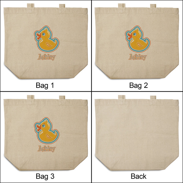 Rubber Duckies & Flowers 3 Reusable Cotton Grocery Bags - Front & Back View
