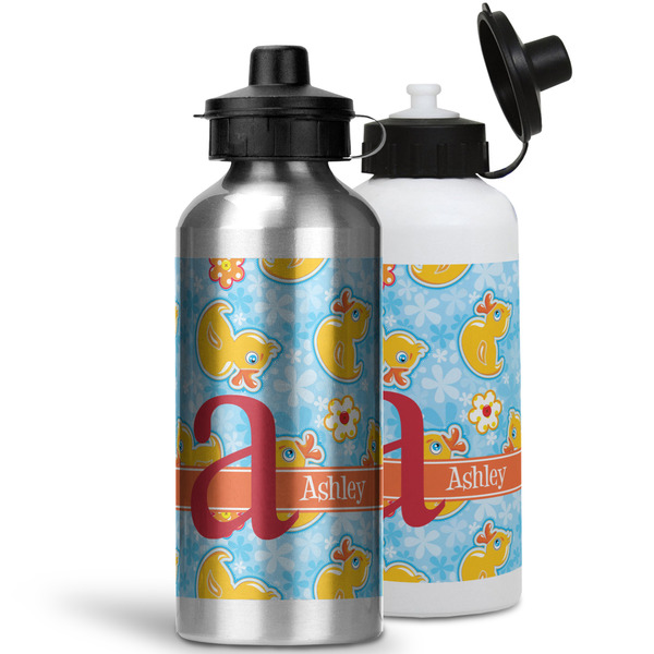 Rubber Duckies & Flowers Aluminum Water Bottles - MAIN (white &silver)
