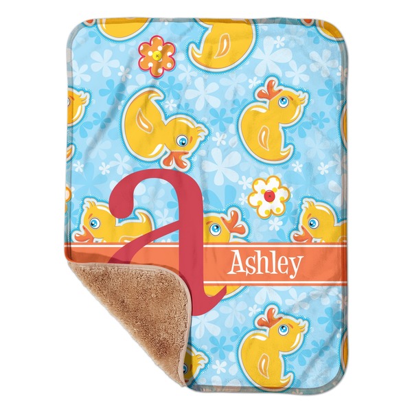 Custom Rubber Duckies & Flowers Sherpa Baby Blanket - 30" x 40" w/ Name and Initial