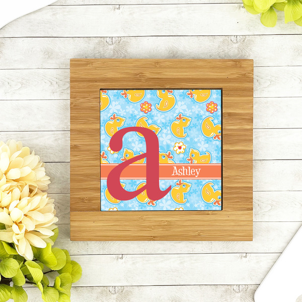 Rubber Duckies & Flowers Bamboo Trivet with 6" Tile - LIFESTYLE