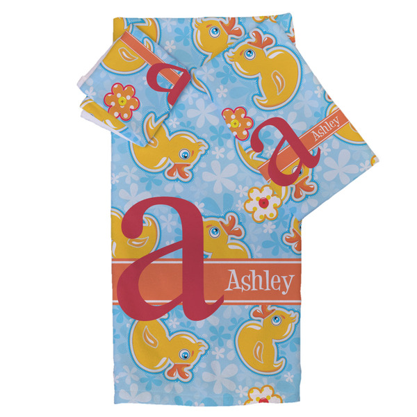 Custom Rubber Duckies & Flowers Bath Towel Set - 3 Pcs (Personalized)