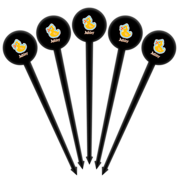 Rubber Duckies & Flowers Black Plastic 4" Food Pick - Round - Fan View