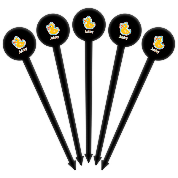 Rubber Duckies & Flowers Black Plastic 6" Food Pick - Round - Fan View