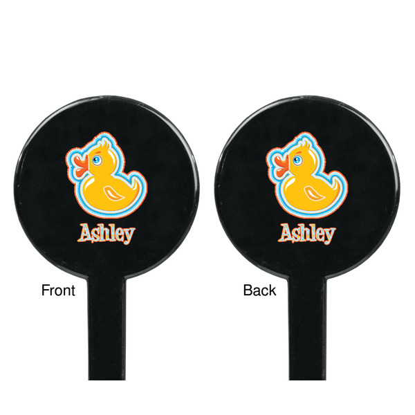 Rubber Duckies & Flowers Black Plastic 7" Stir Stick - Double Sided - Round - Front & Back