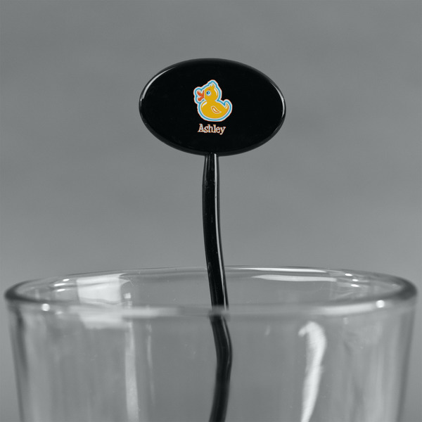 Rubber Duckies & Flowers Black Plastic 7" Stir Stick - Oval - Main