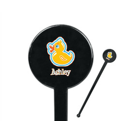Rubber Duckies & Flowers 7" Round Plastic Stir Sticks - Black - Double Sided (Personalized)