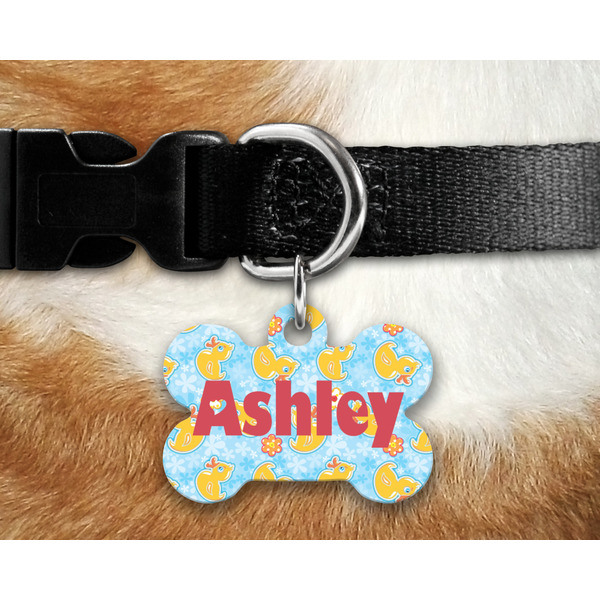Rubber Duckies & Flowers Bone Shaped Dog Tag on Collar & Dog