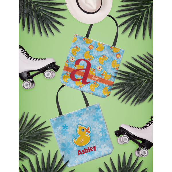 Rubber Duckies & Flowers Canvas Tote Lifestyle Front and Back- 13x13