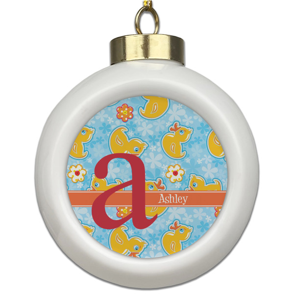 Custom Rubber Duckies & Flowers Ceramic Ball Ornament (Personalized)