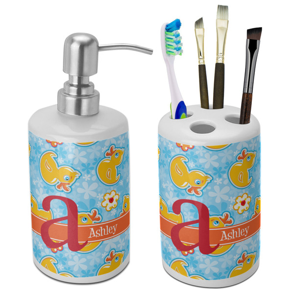 Custom Rubber Duckies & Flowers Ceramic Bathroom Accessories Set (Personalized)