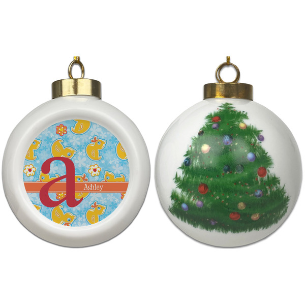 Rubber Duckies & Flowers Ceramic Christmas Ornament - X-Mas Tree (APPROVAL)