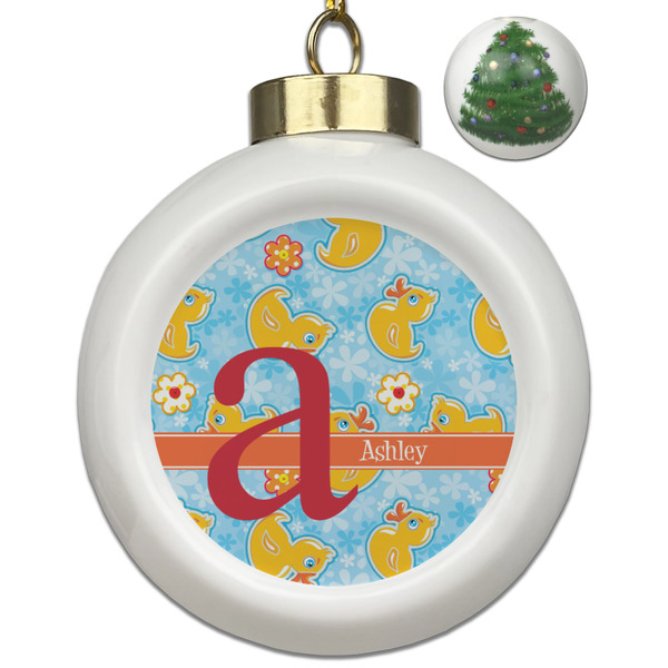 Custom Rubber Duckies & Flowers Ceramic Ball Ornament - Christmas Tree (Personalized)