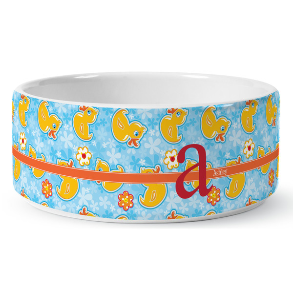 Rubber Duckies & Flowers Ceramic Dog Bowl - Medium - Front