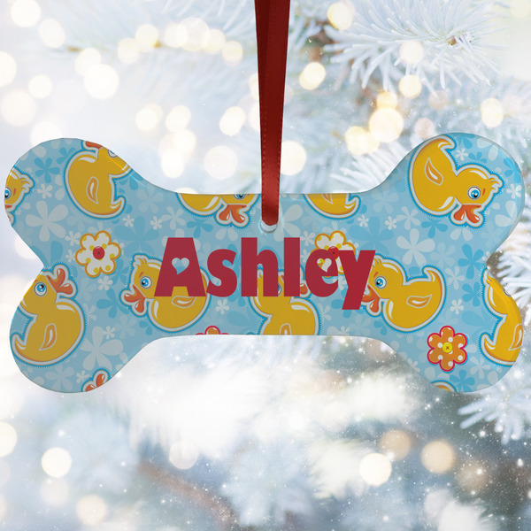 Custom Rubber Duckies & Flowers Ceramic Dog Ornament w/ Name and Initial