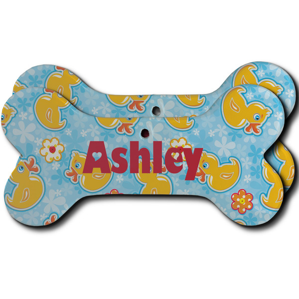 Custom Rubber Duckies & Flowers Ceramic Dog Ornament - Front & Back w/ Name and Initial