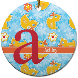 Rubber Duckies & Flowers Round Ceramic Ornament w/ Name and Initial