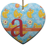 Rubber Duckies & Flowers Heart Ceramic Ornament w/ Name and Initial