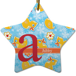 Rubber Duckies & Flowers Star Ceramic Ornament w/ Name and Initial