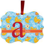 Rubber Duckies & Flowers Metal Frame Ornament - Double Sided w/ Name and Initial