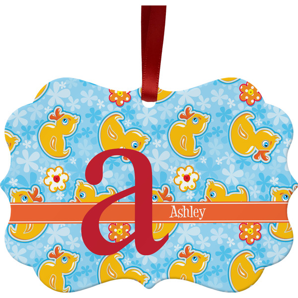 Custom Rubber Duckies & Flowers Metal Frame Ornament - Double Sided w/ Name and Initial