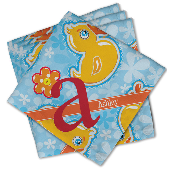 Custom Rubber Duckies & Flowers Cloth Cocktail Napkins - Set of 4 w/ Name and Initial