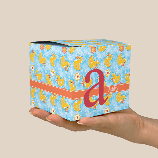Rubber Duckies & Flowers Cube Favor Gift Box - On Hand - Scale View