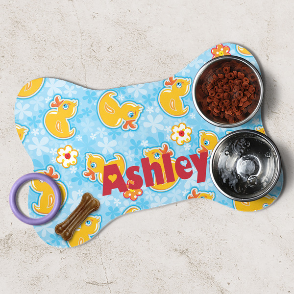 Rubber Duckies & Flowers Dog Bone Shaped Mat Lifestyle