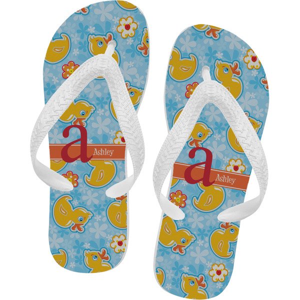 Custom Rubber Duckies & Flowers Flip Flops - Large (Personalized)