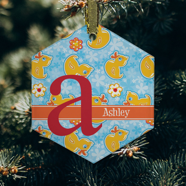 Rubber Duckies & Flowers Frosted Glass Ornament - Hexagon (Lifestyle)